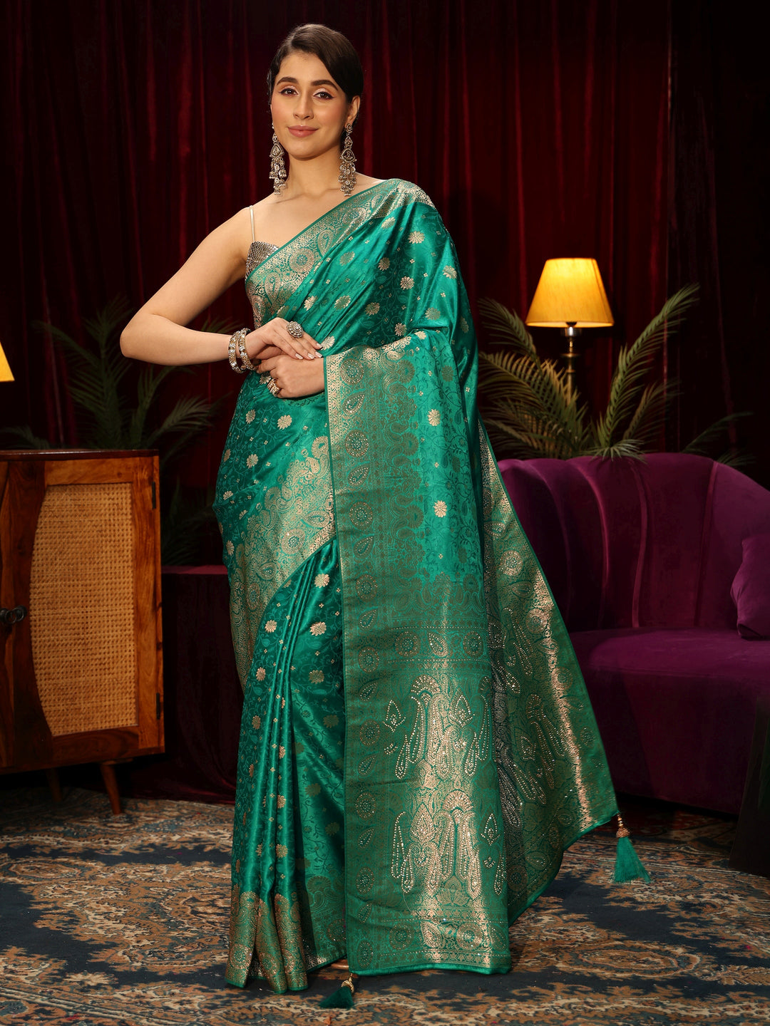  Libas Teal Green Floral Woven Design Embellished Brocade Saree 