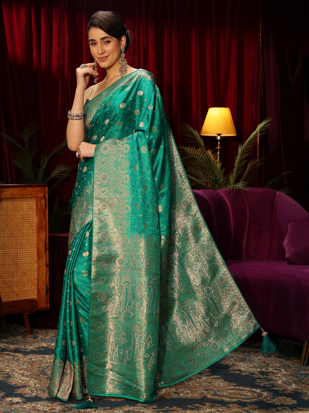  Libas Teal Green Floral Woven Design Embellished Brocade Saree 