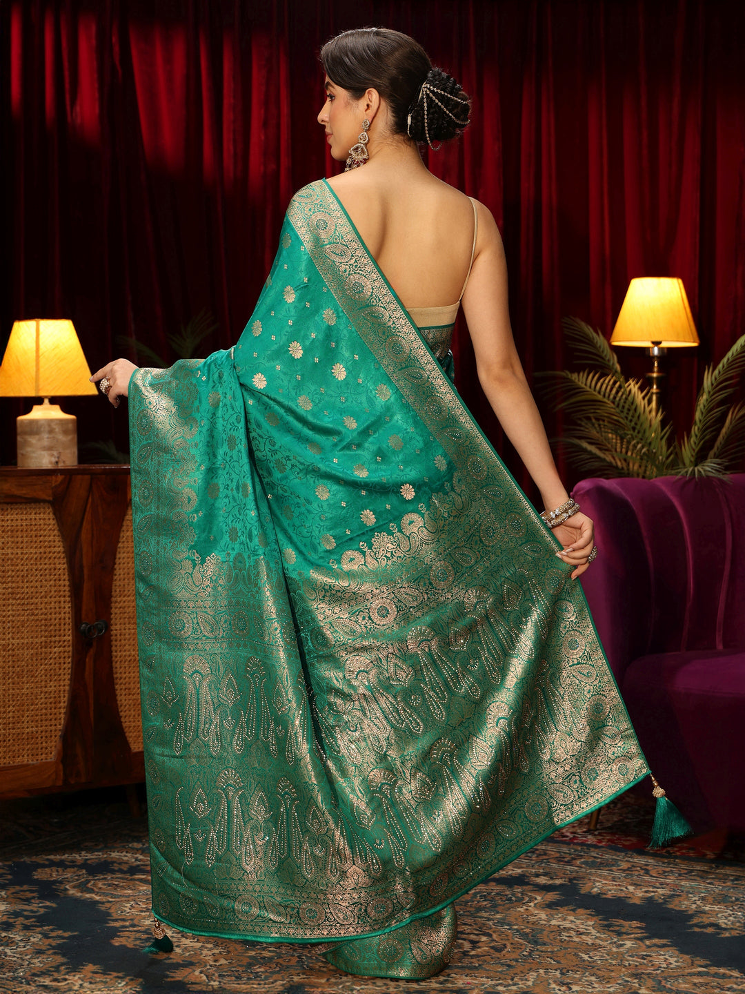  Libas Teal Green Floral Woven Design Embellished Brocade Saree 