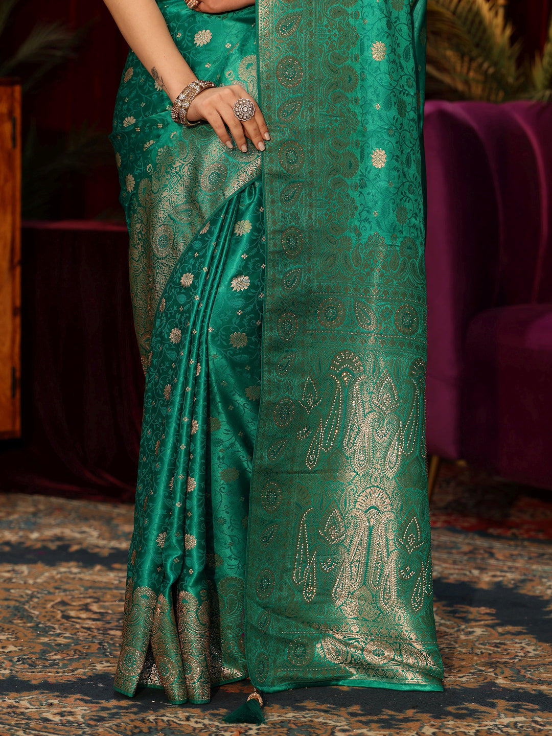  Libas Teal Green Floral Woven Design Embellished Brocade Saree 
