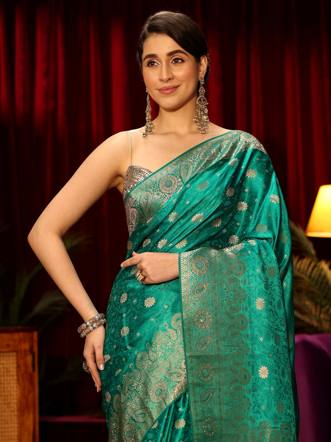  Libas Teal Green Floral Woven Design Embellished Brocade Saree 