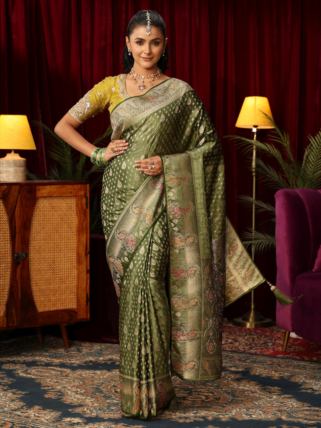  Libas Olive Green Woven Design Silk Blend Saree with Stone Work 
