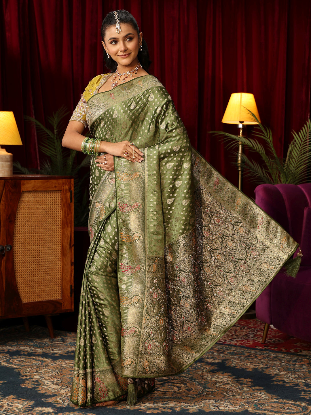  Libas Olive Green Woven Design Silk Blend Saree with Stone Work 