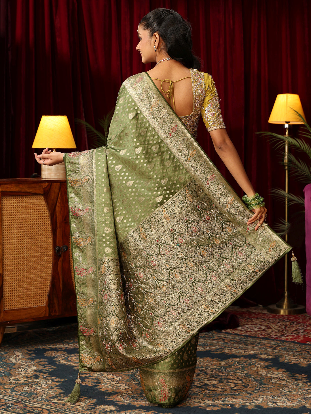  Libas Olive Green Woven Design Silk Blend Saree with Stone Work 