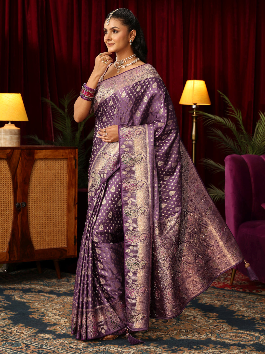  Libas Royal Purple Woven Design Silk Blend Saree with Stone Work 