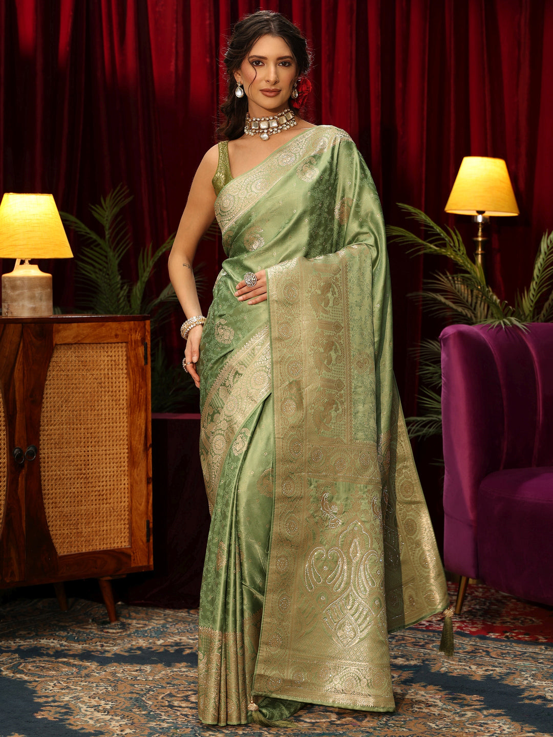  Libas Sage Green Woven Design Silk Blend Saree 