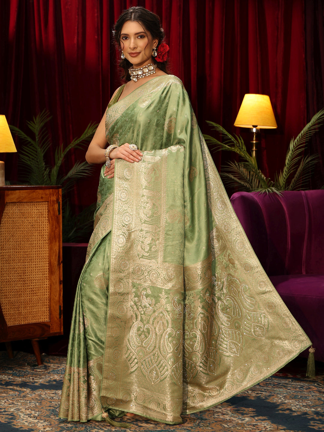  Libas Sage Green Woven Design Silk Blend Saree 