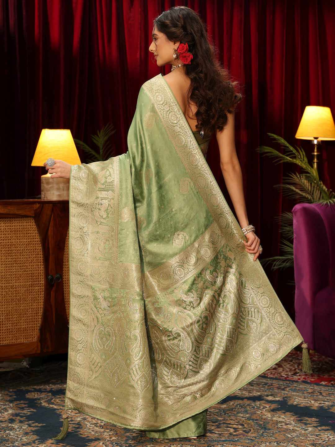  Libas Sage Green Woven Design Silk Blend Saree 