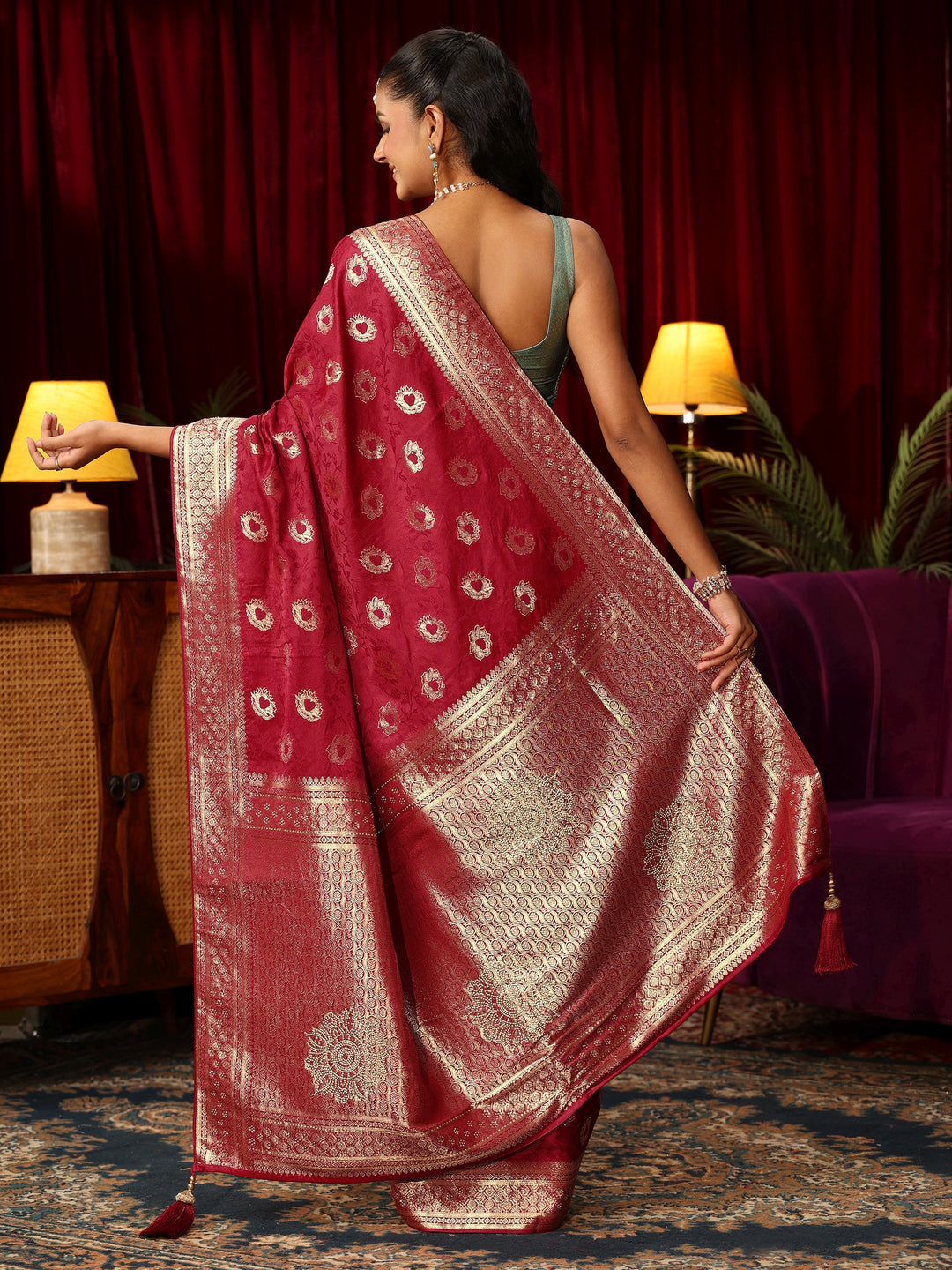  Libas Ruby Red Floral Woven Design Satin Saree with Stone Work 