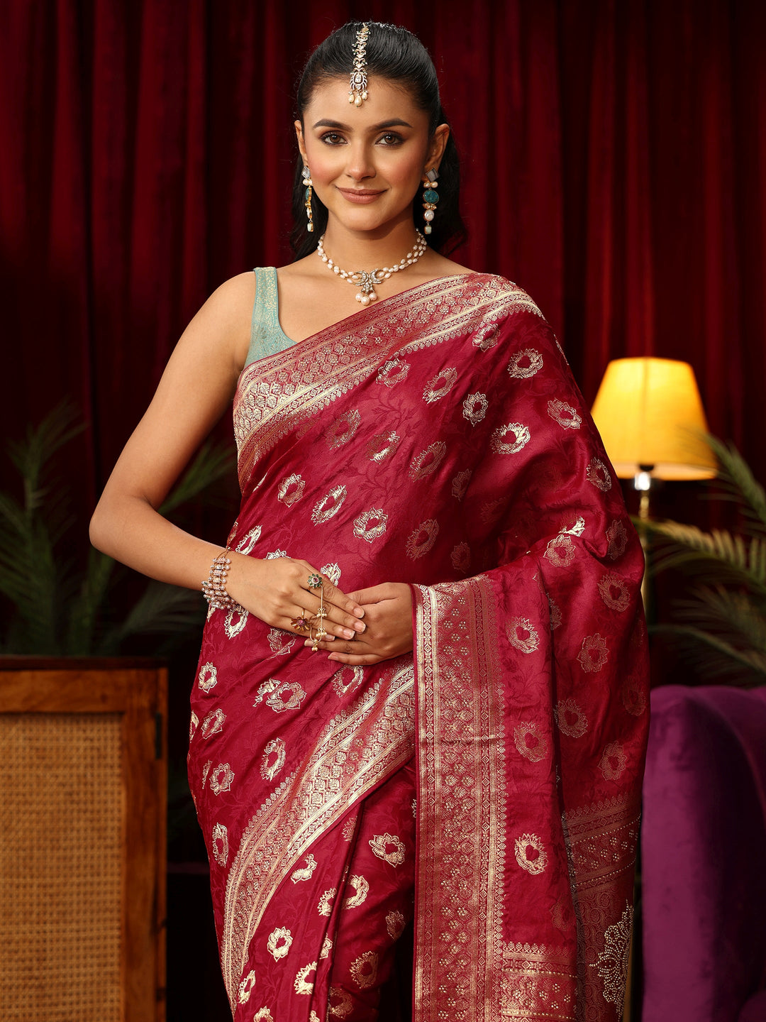  Libas Ruby Red Floral Woven Design Satin Saree with Stone Work 