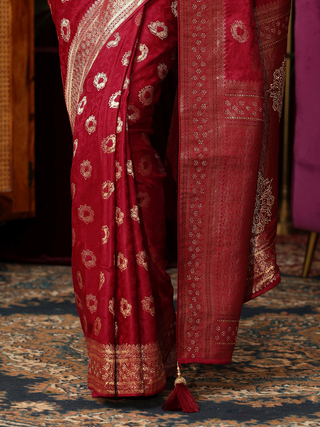  Libas Ruby Red Floral Woven Design Satin Saree with Stone Work 