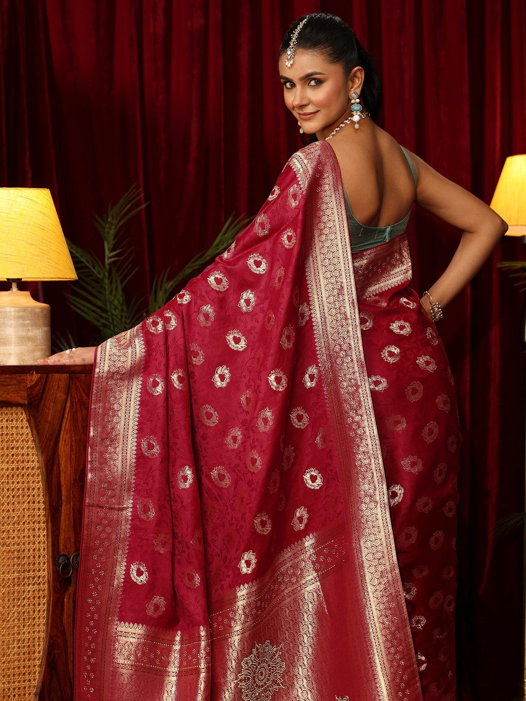  Libas Ruby Red Floral Woven Design Satin Saree with Stone Work 
