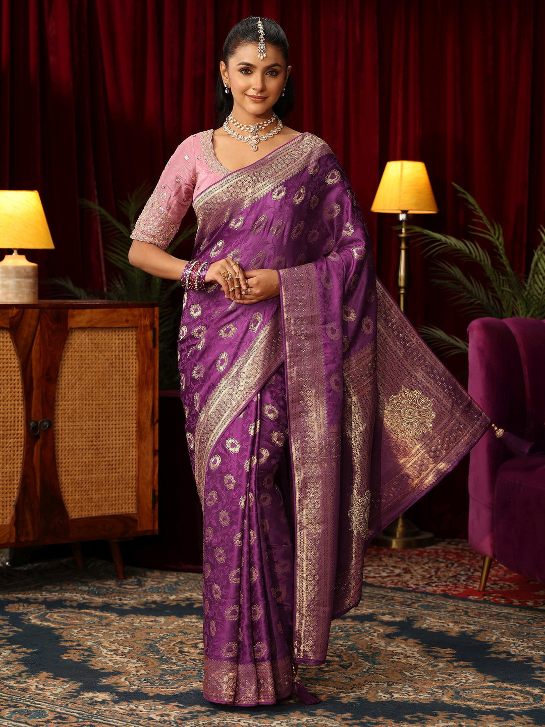  Libas Plum Purple Floral Woven Design Satin Saree with Stone Work 