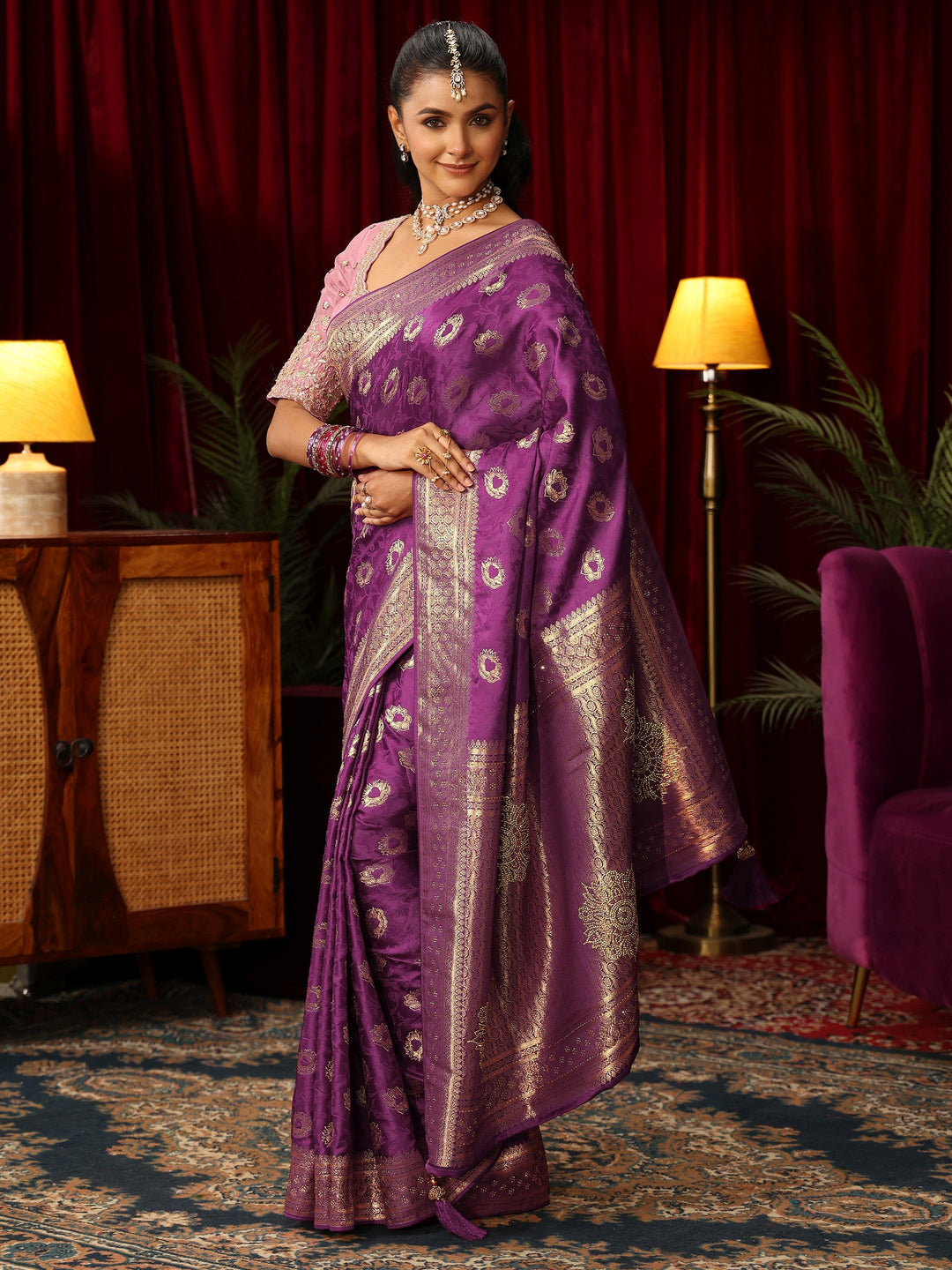  Libas Plum Purple Floral Woven Design Satin Saree with Stone Work 