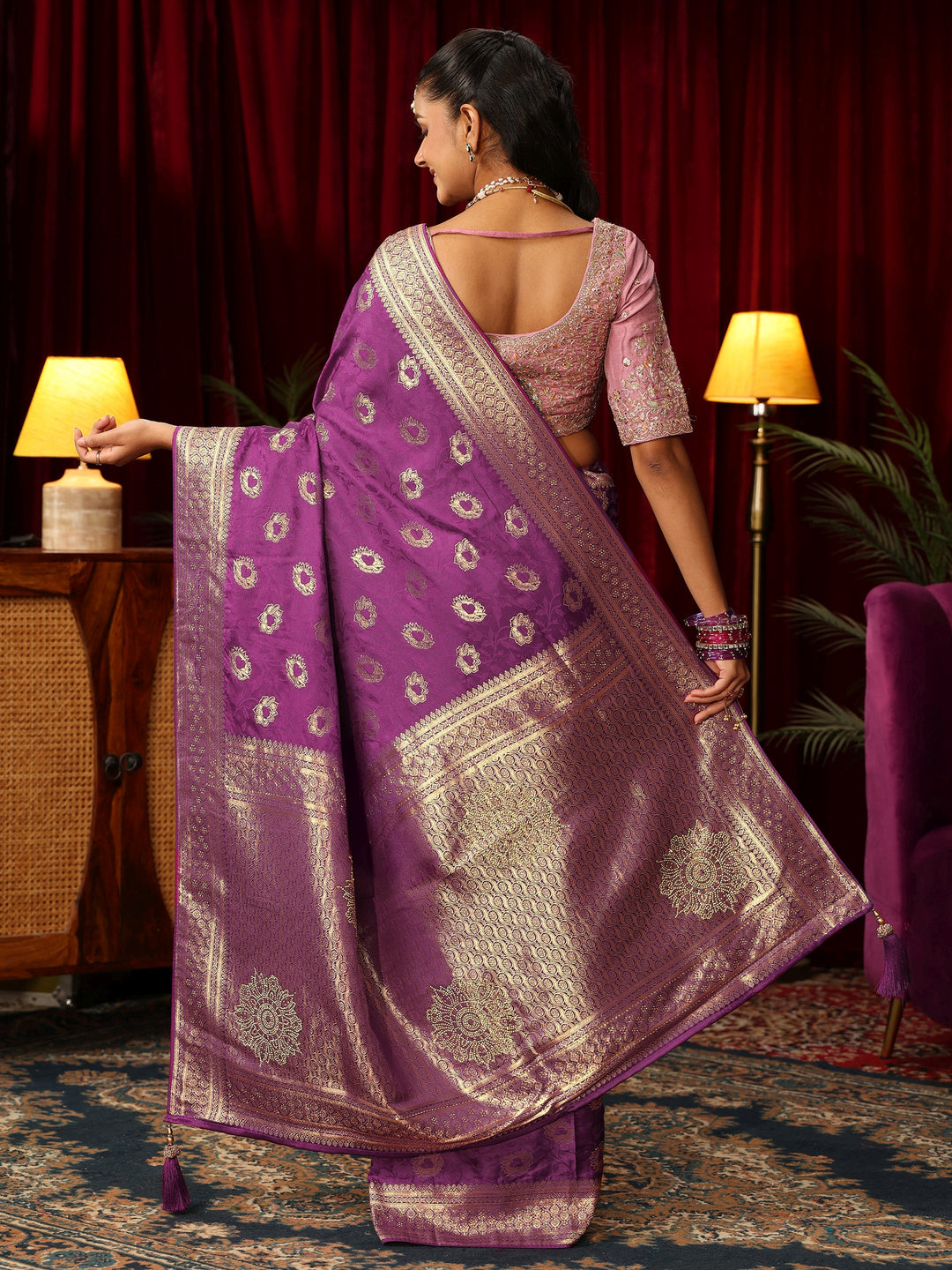  Libas Plum Purple Floral Woven Design Satin Saree with Stone Work 