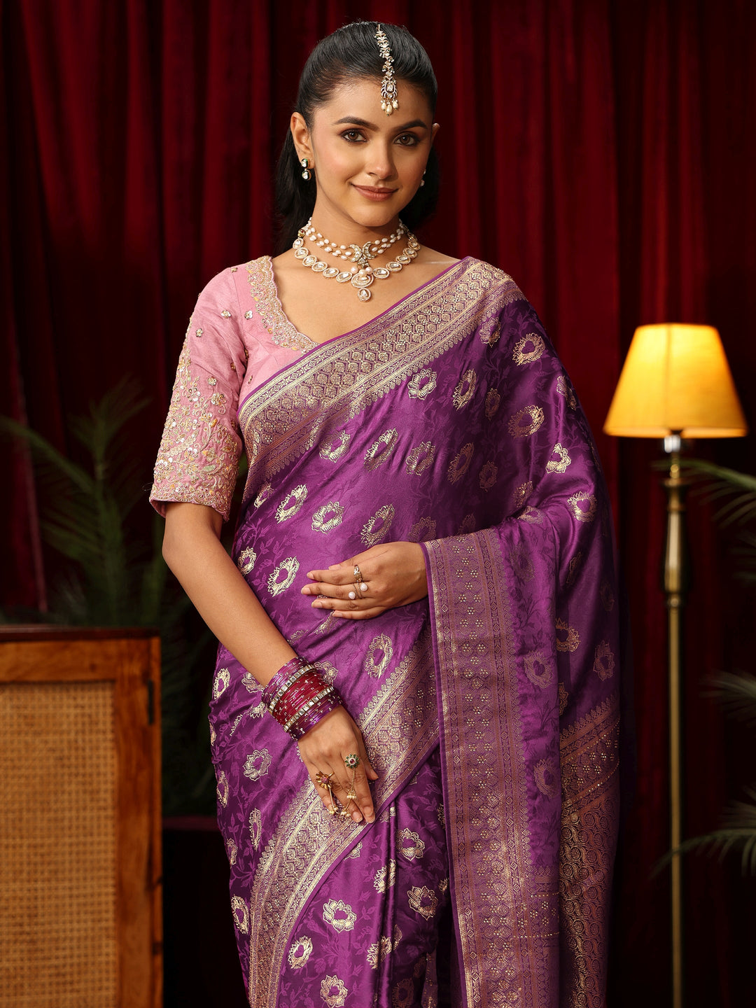  Libas Plum Purple Floral Woven Design Satin Saree with Stone Work 