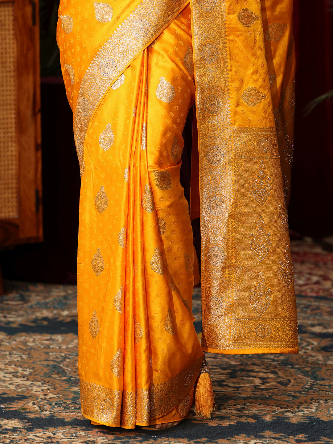  Libas Yellow Woven Design Satin Saree with Stone Work 