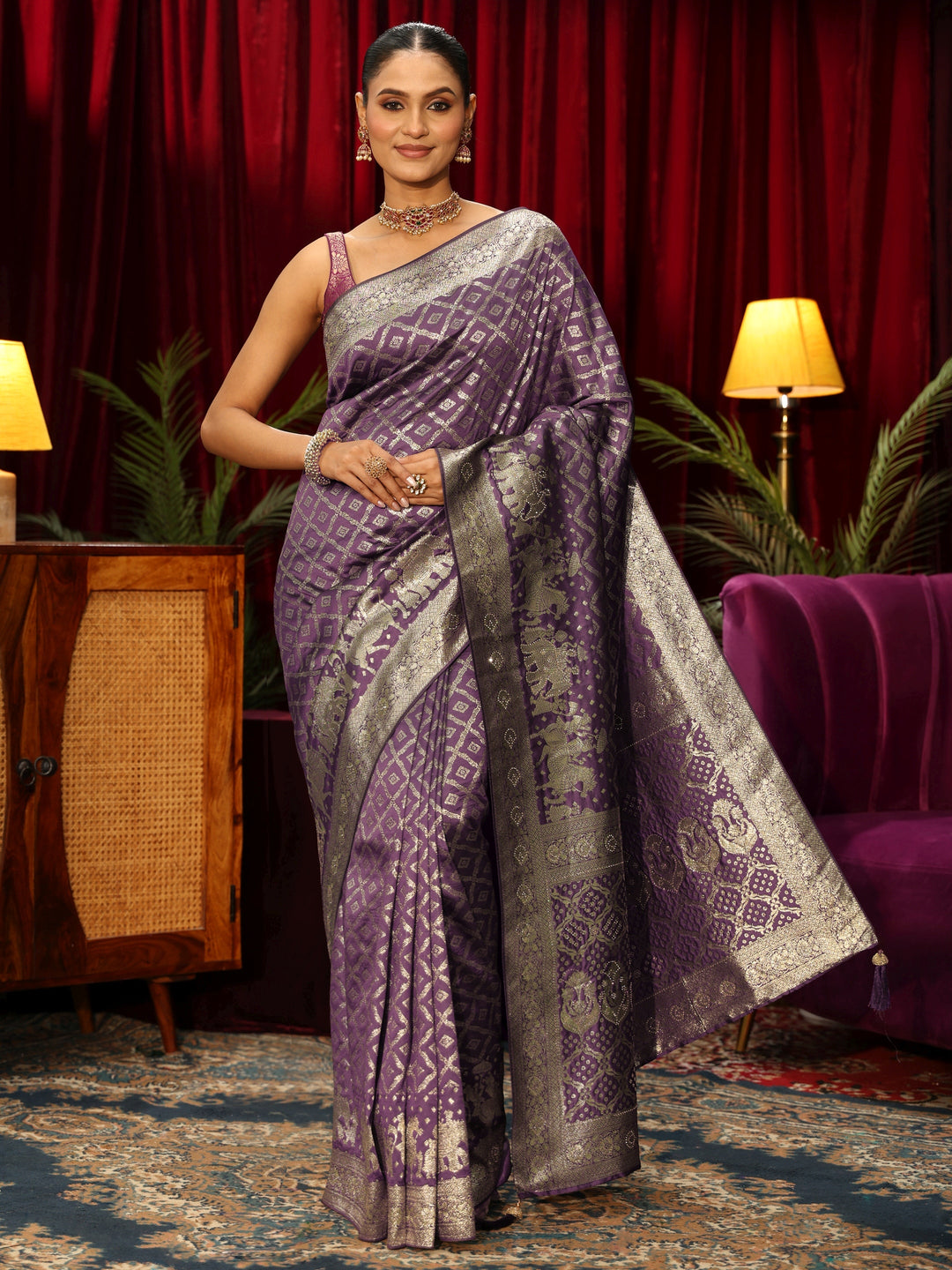  Libas Purple Geometric Woven Design Silk Blend Saree 
