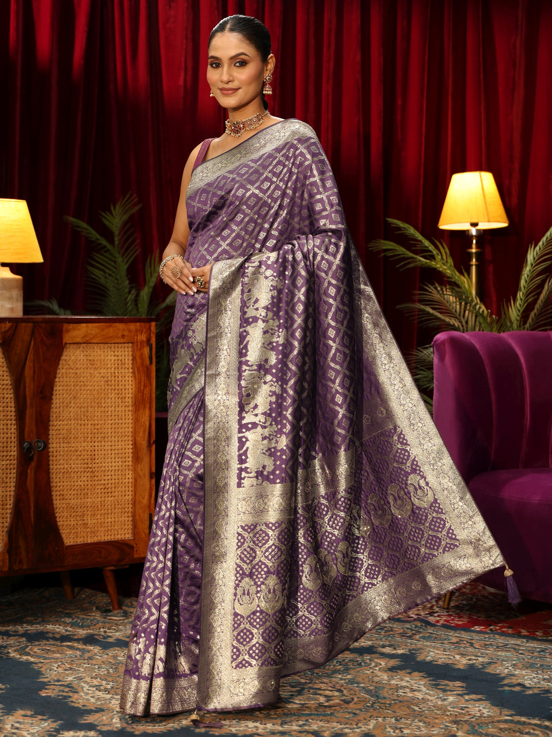  Libas Purple Geometric Woven Design Silk Blend Saree 