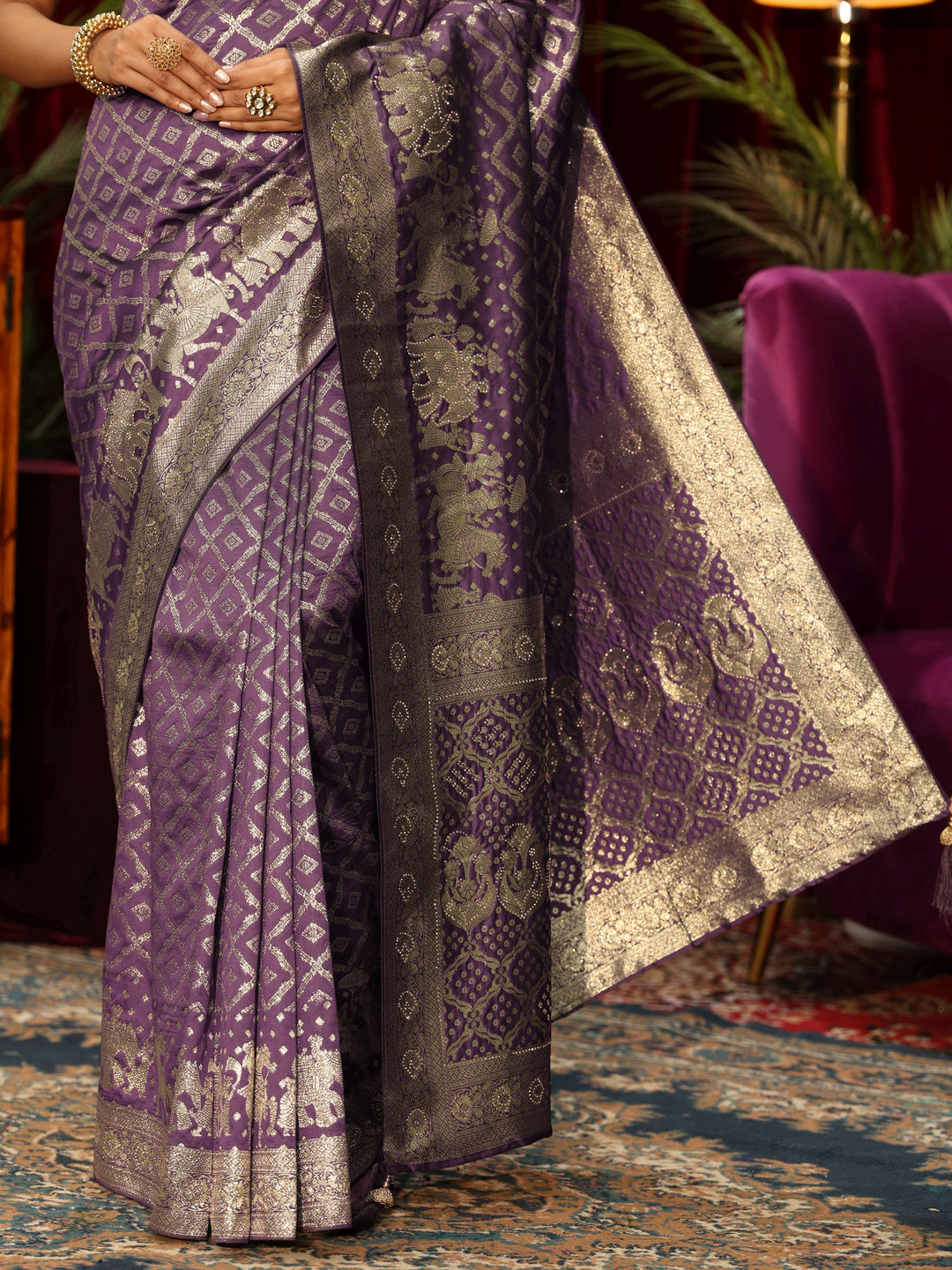  Libas Purple Geometric Woven Design Silk Blend Saree 