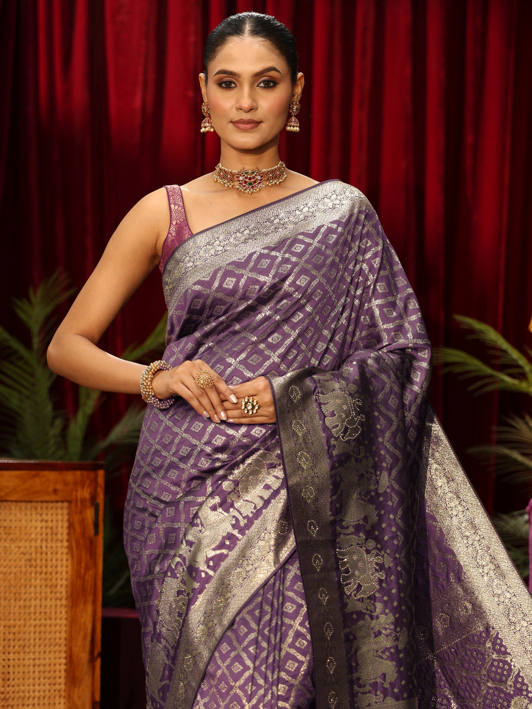  Libas Purple Geometric Woven Design Silk Blend Saree 