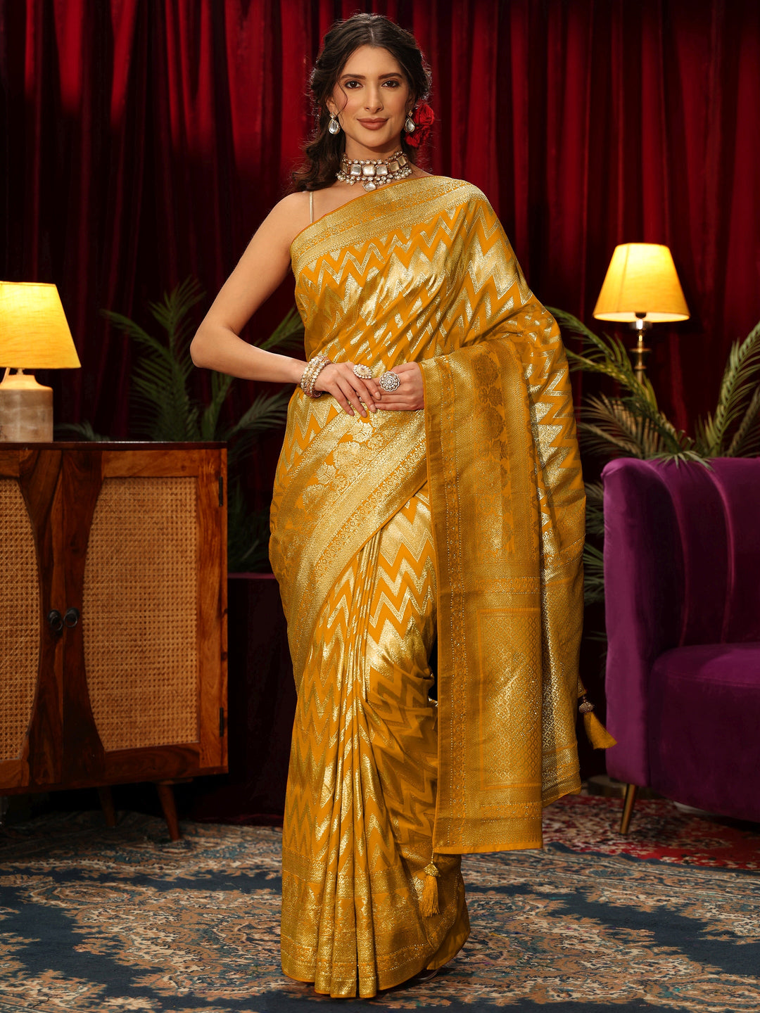  Libas Yellow Chevron Woven Design Silk Blend Saree 