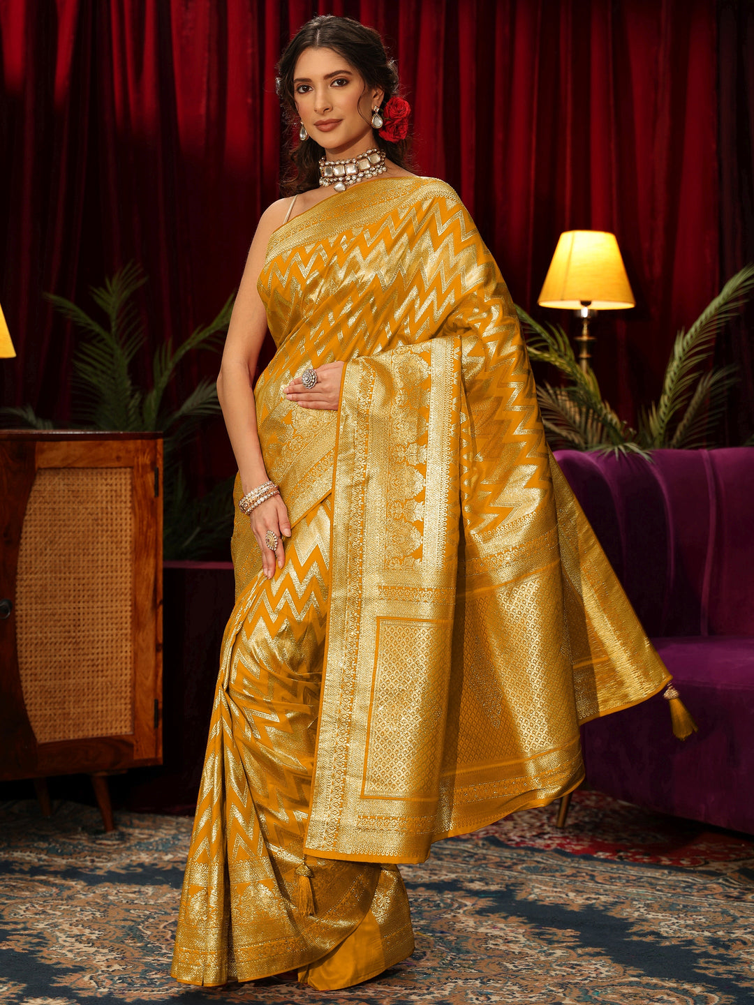  Libas Yellow Chevron Woven Design Silk Blend Saree 
