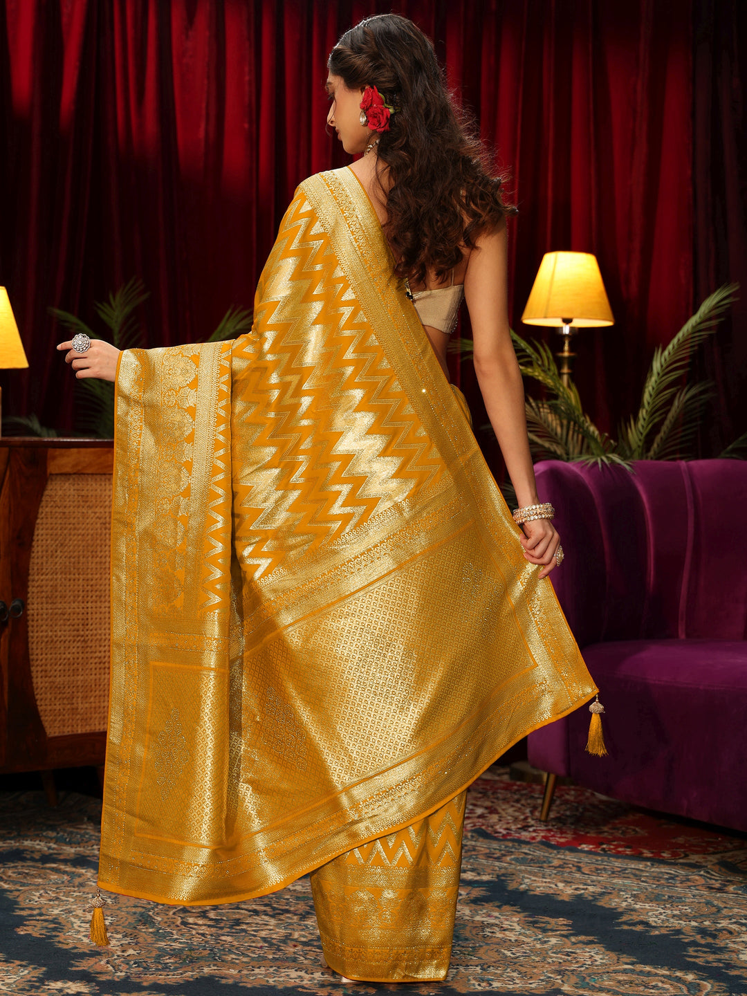  Libas Yellow Chevron Woven Design Silk Blend Saree 