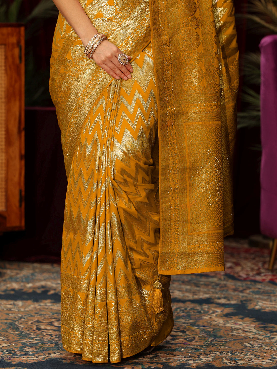  Libas Yellow Chevron Woven Design Silk Blend Saree 