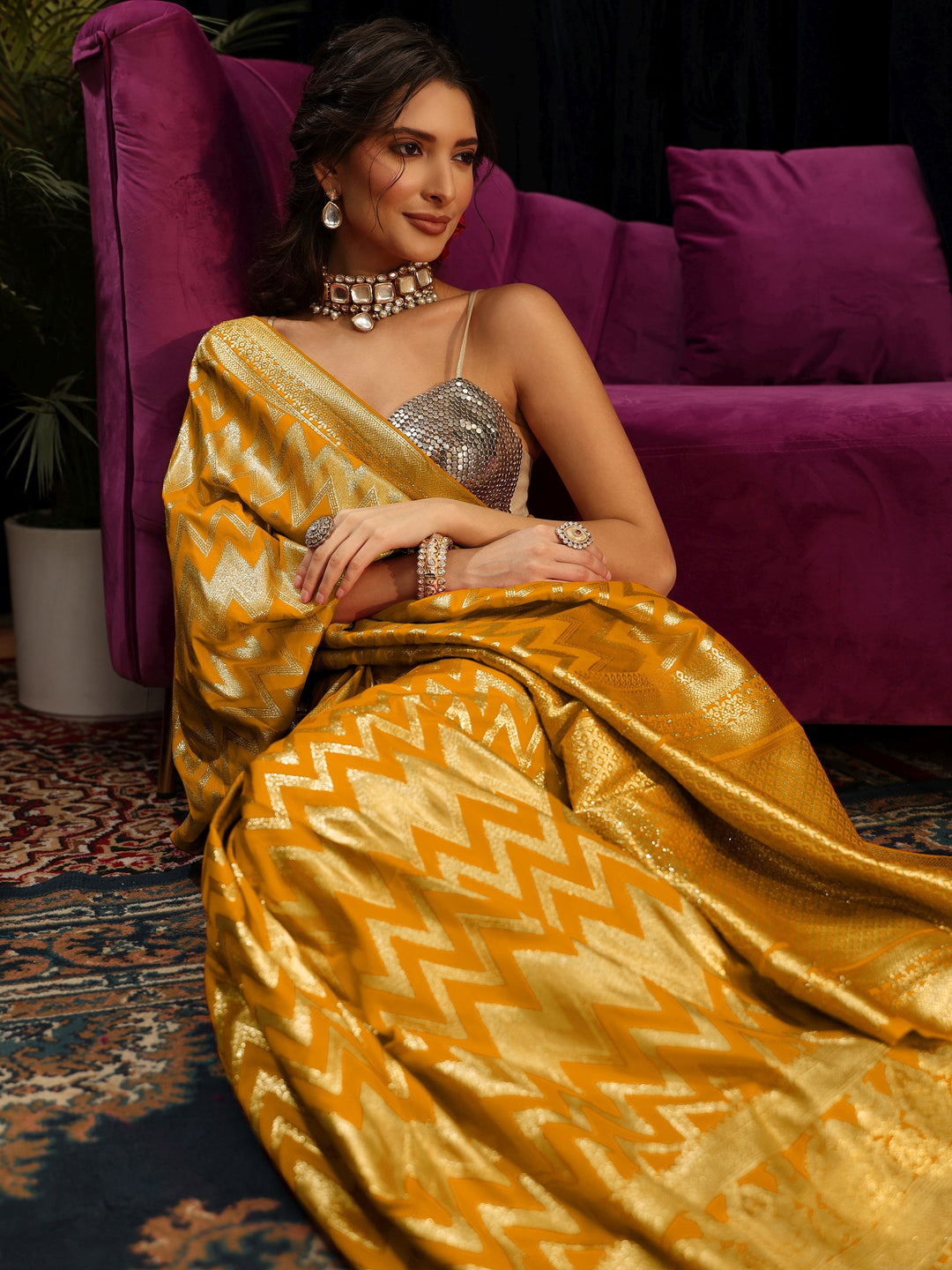  Libas Yellow Chevron Woven Design Silk Blend Saree 