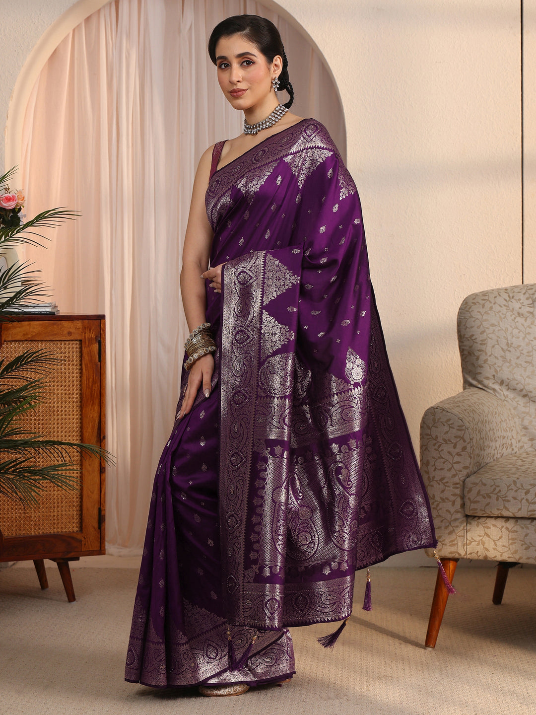  Libas Purple Ethnic Woven Design Silk Blend Saree 