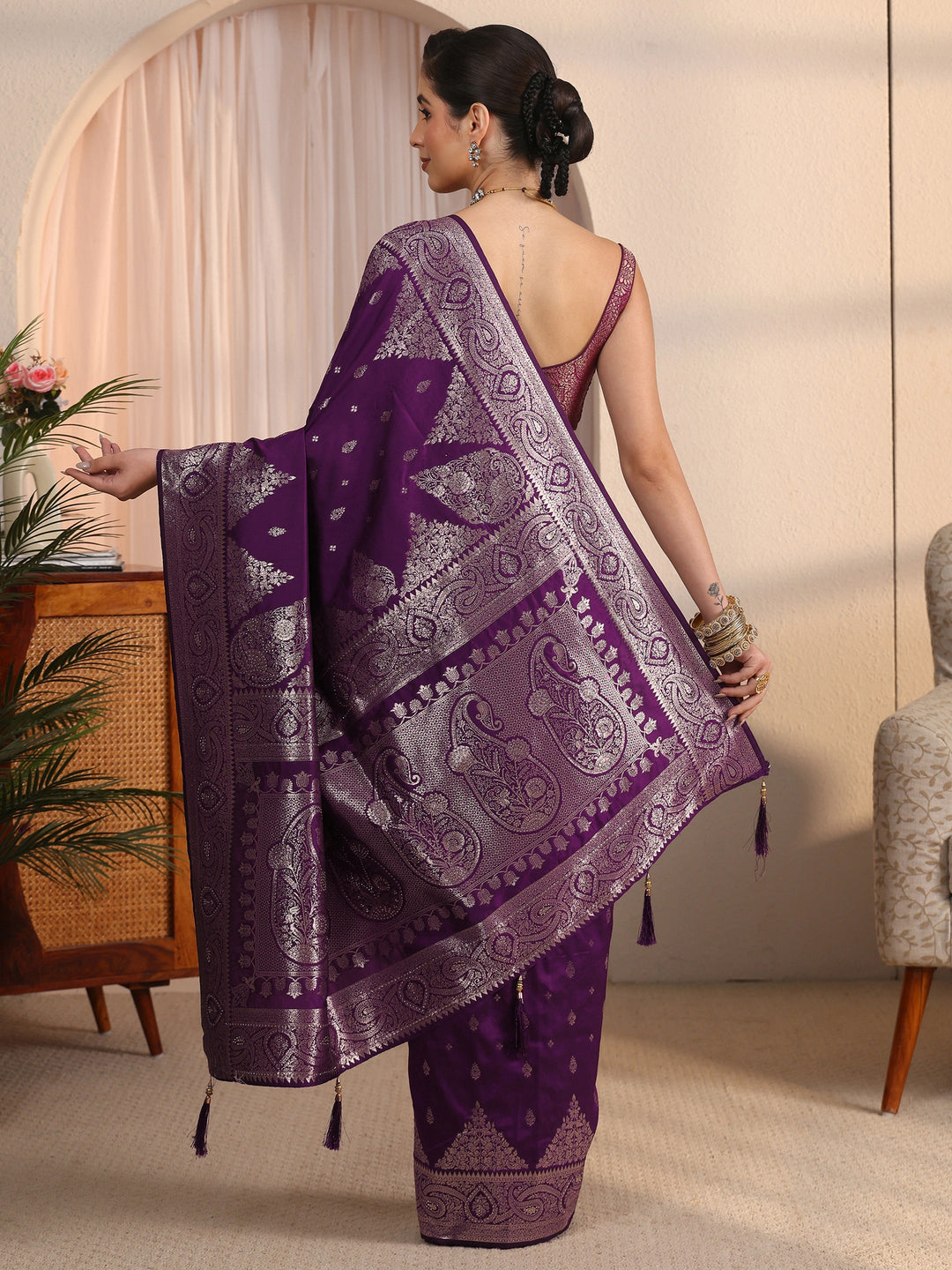  Libas Purple Ethnic Woven Design Silk Blend Saree 