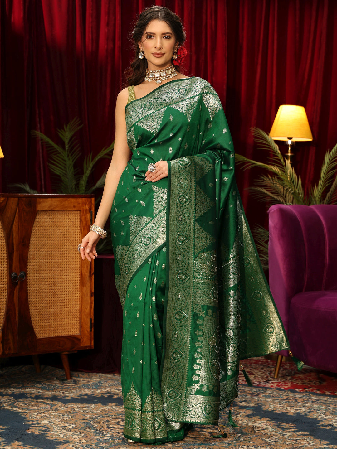  Libas Bottle Green Banarasi Silk Blend Saree 