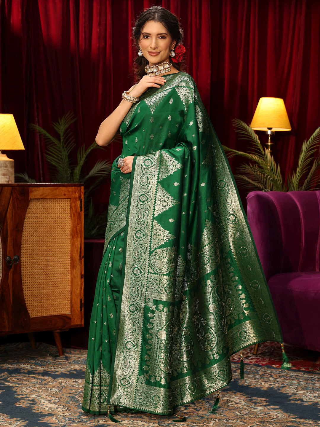  Libas Bottle Green Banarasi Silk Blend Saree 
