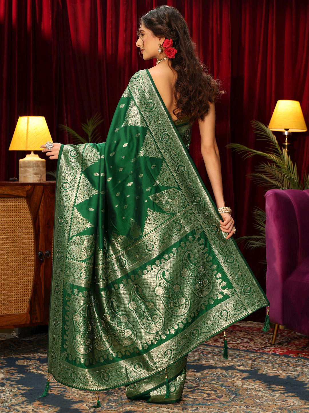  Libas Bottle Green Banarasi Silk Blend Saree 