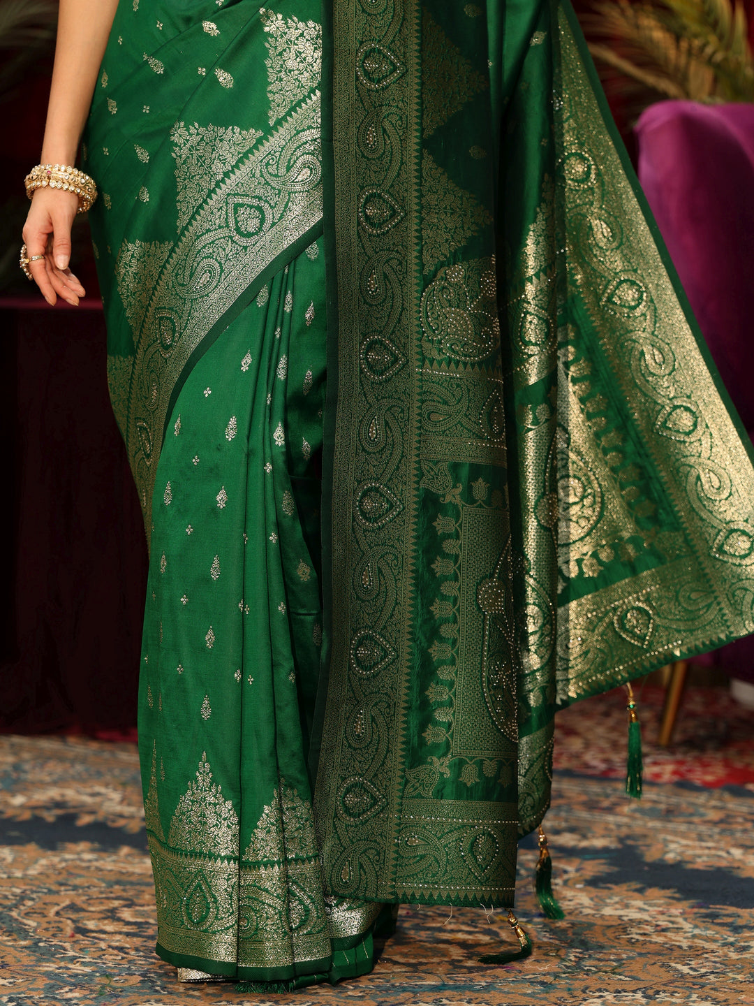  Libas Bottle Green Banarasi Silk Blend Saree 