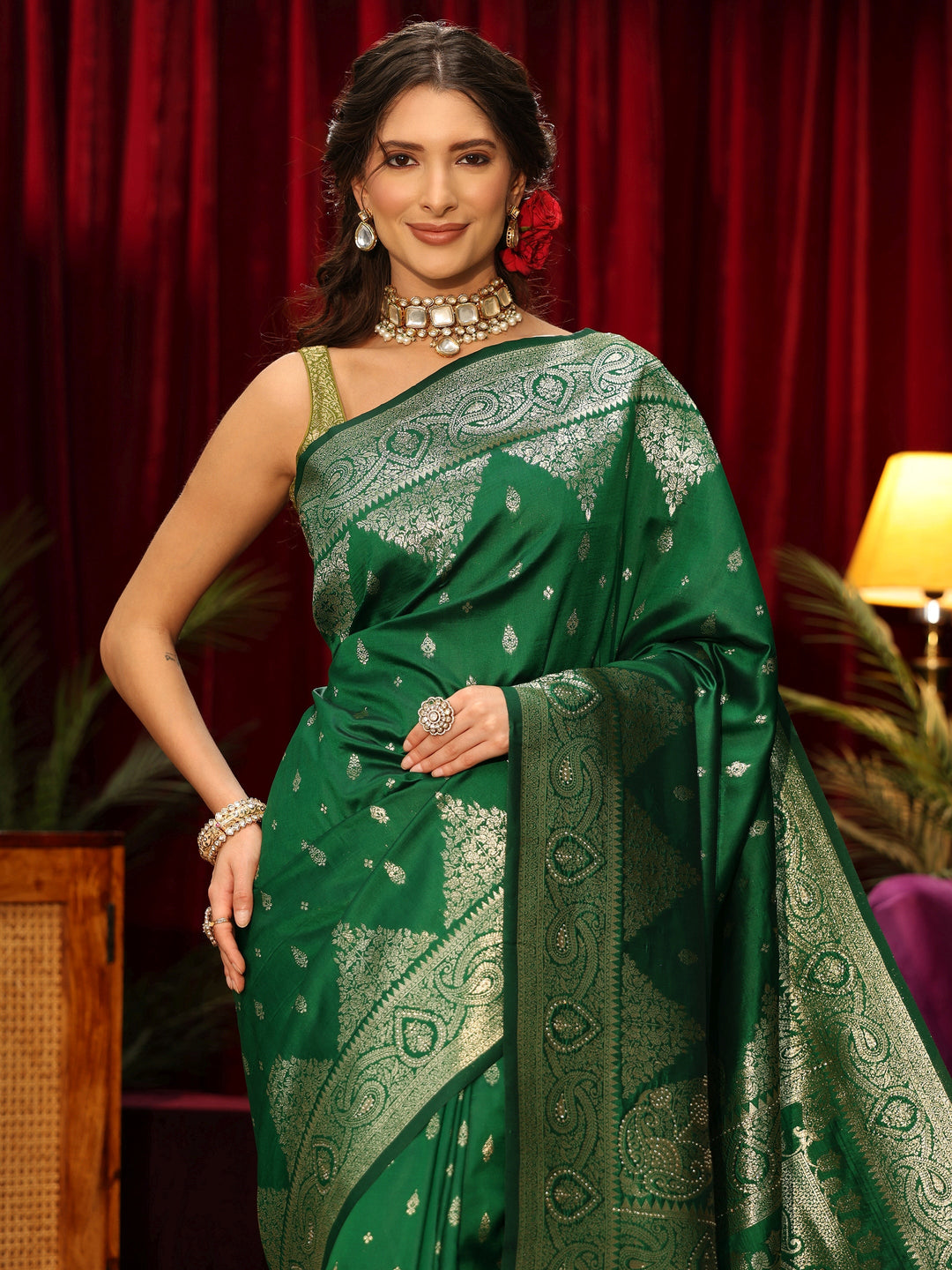  Libas Bottle Green Banarasi Silk Blend Saree 