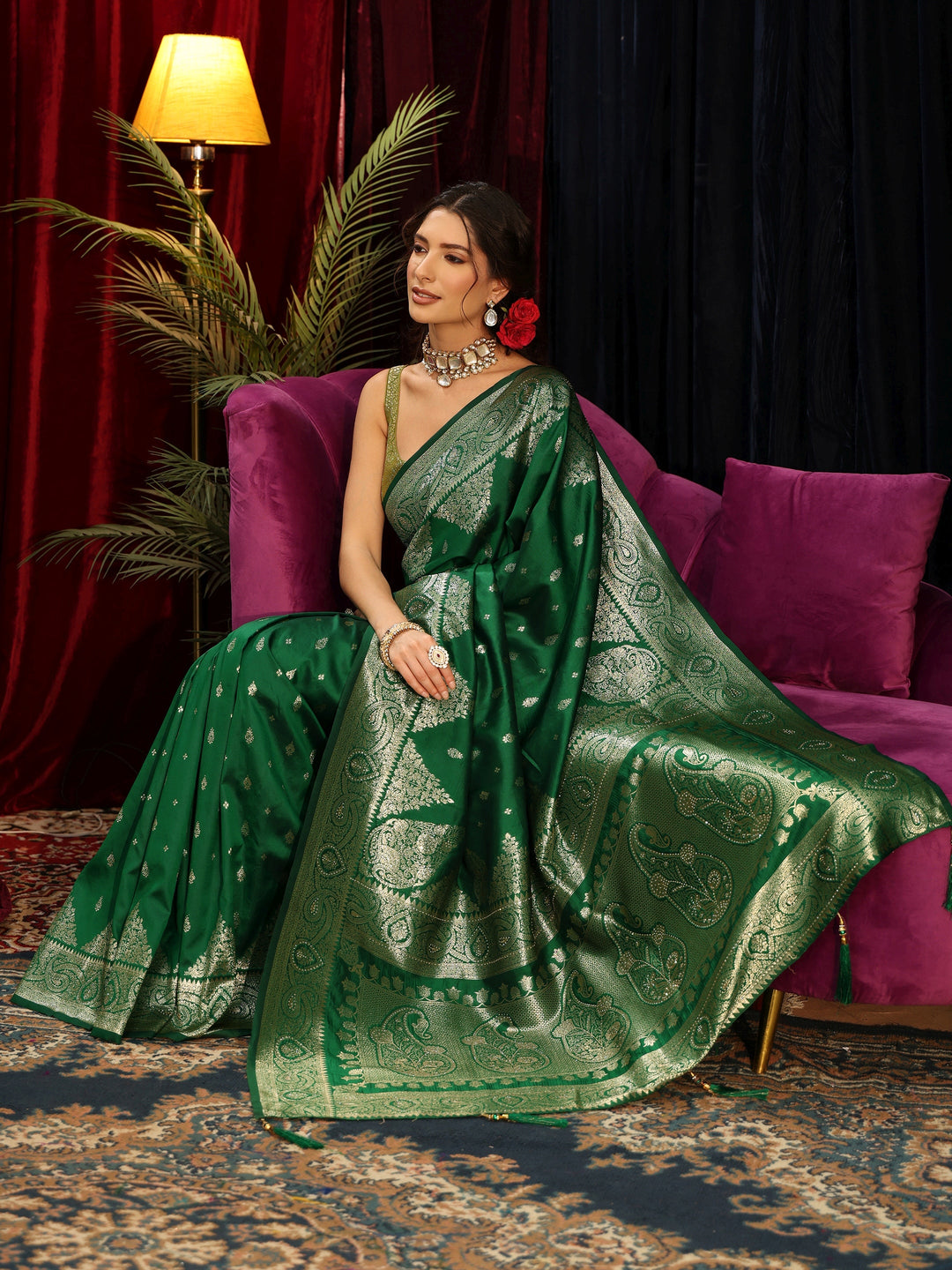  Libas Bottle Green Banarasi Silk Blend Saree 