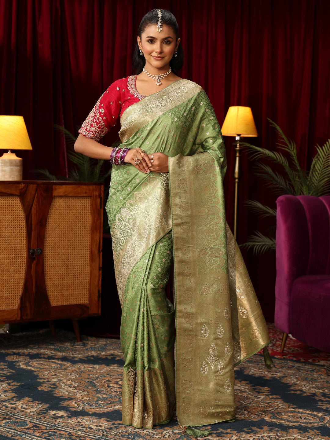  Libas Sage Green Woven Design Satin Saree with Stone Work 