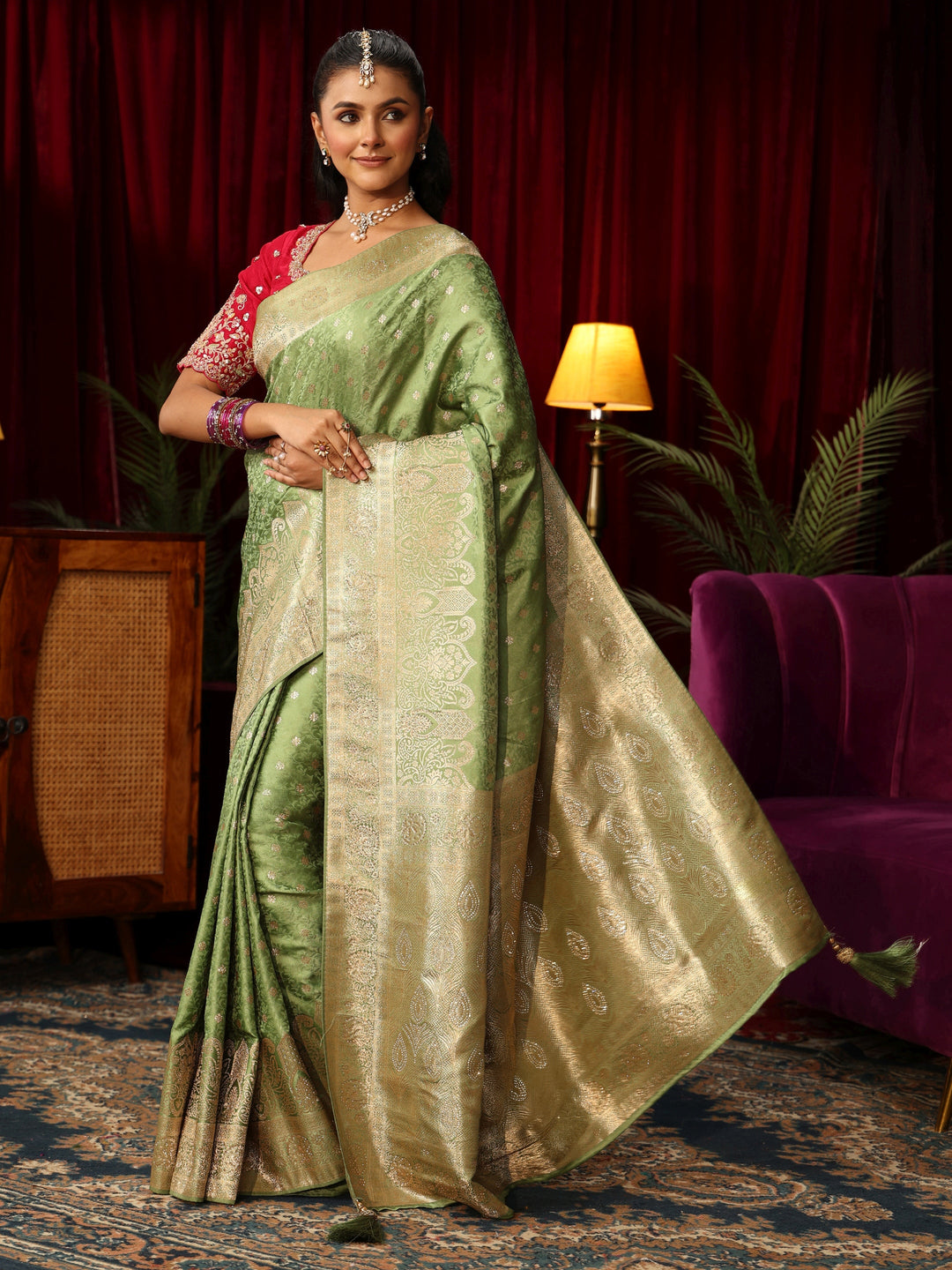  Libas Sage Green Woven Design Satin Saree with Stone Work 