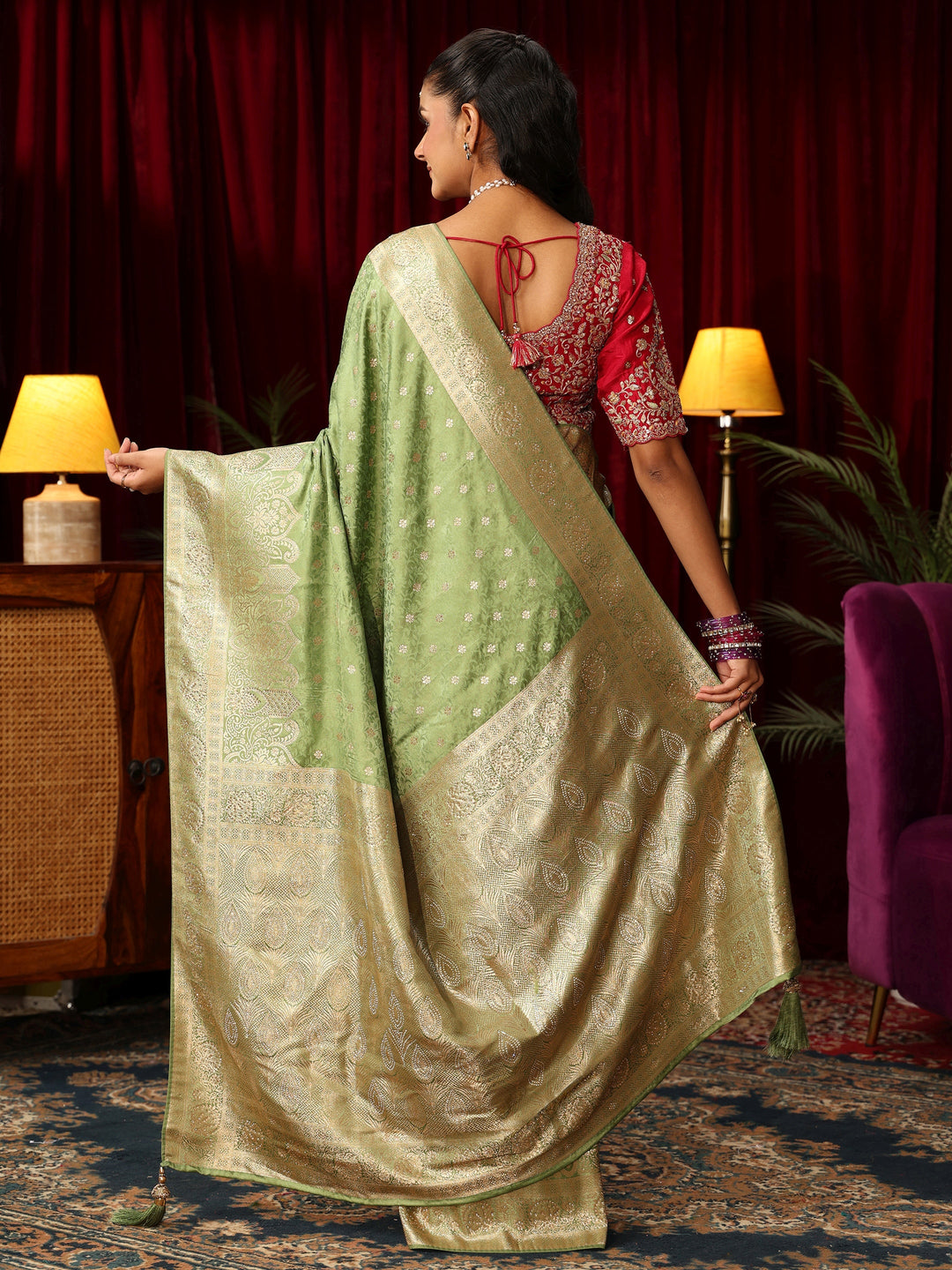  Libas Sage Green Woven Design Satin Saree with Stone Work 