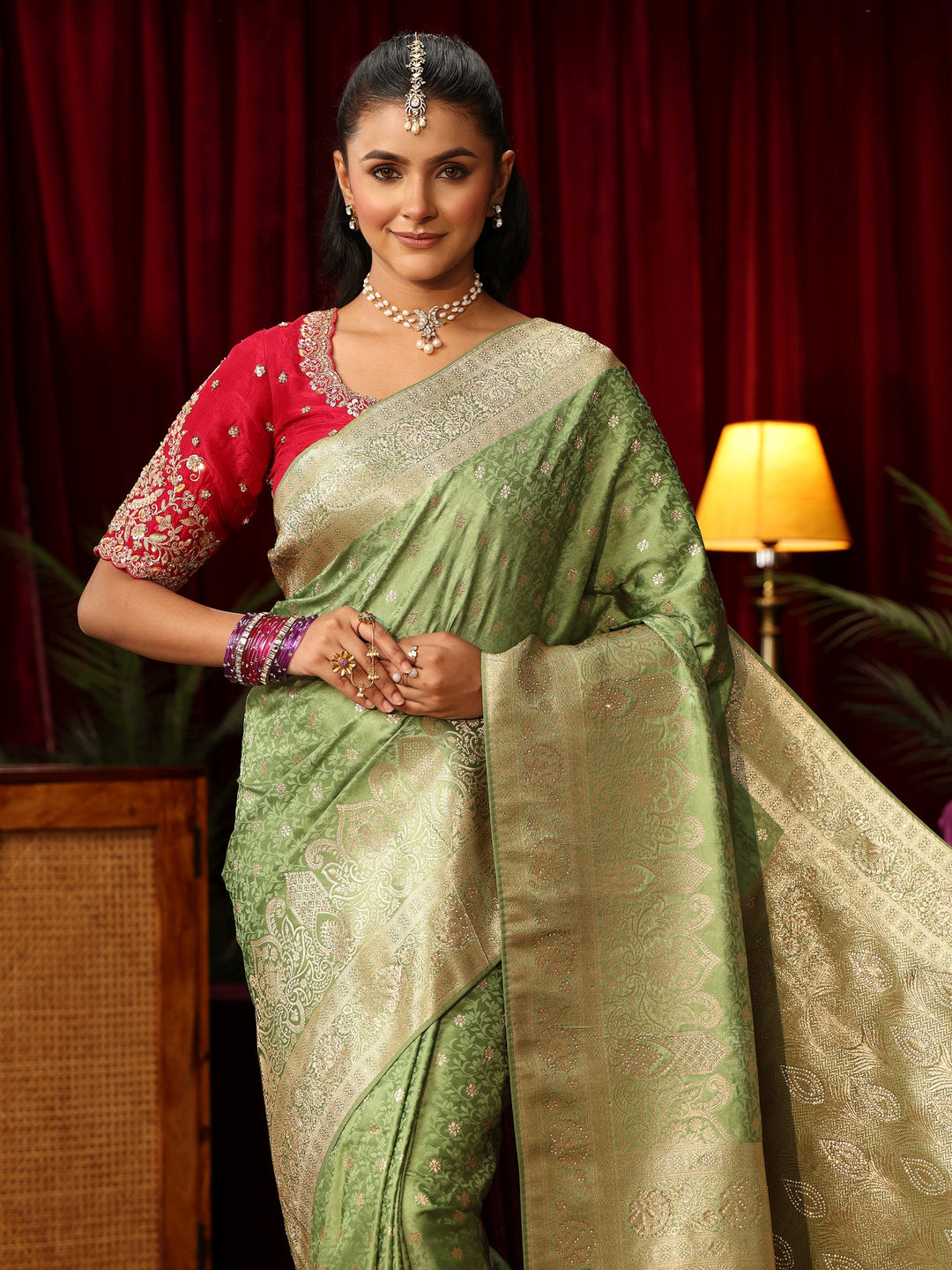  Libas Sage Green Woven Design Satin Saree with Stone Work 