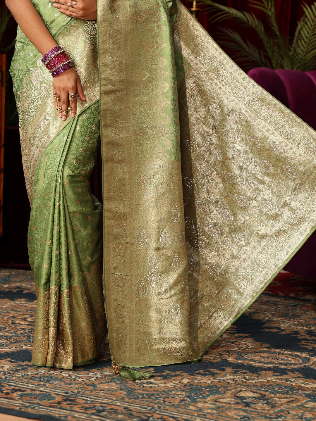  Libas Sage Green Woven Design Satin Saree with Stone Work 