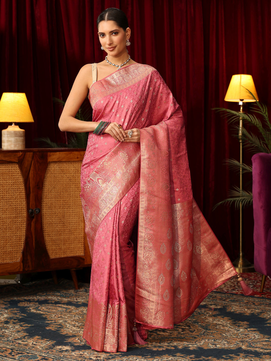  Libas Pink Floral Woven Design Satin Saree with Embellished Pallu 