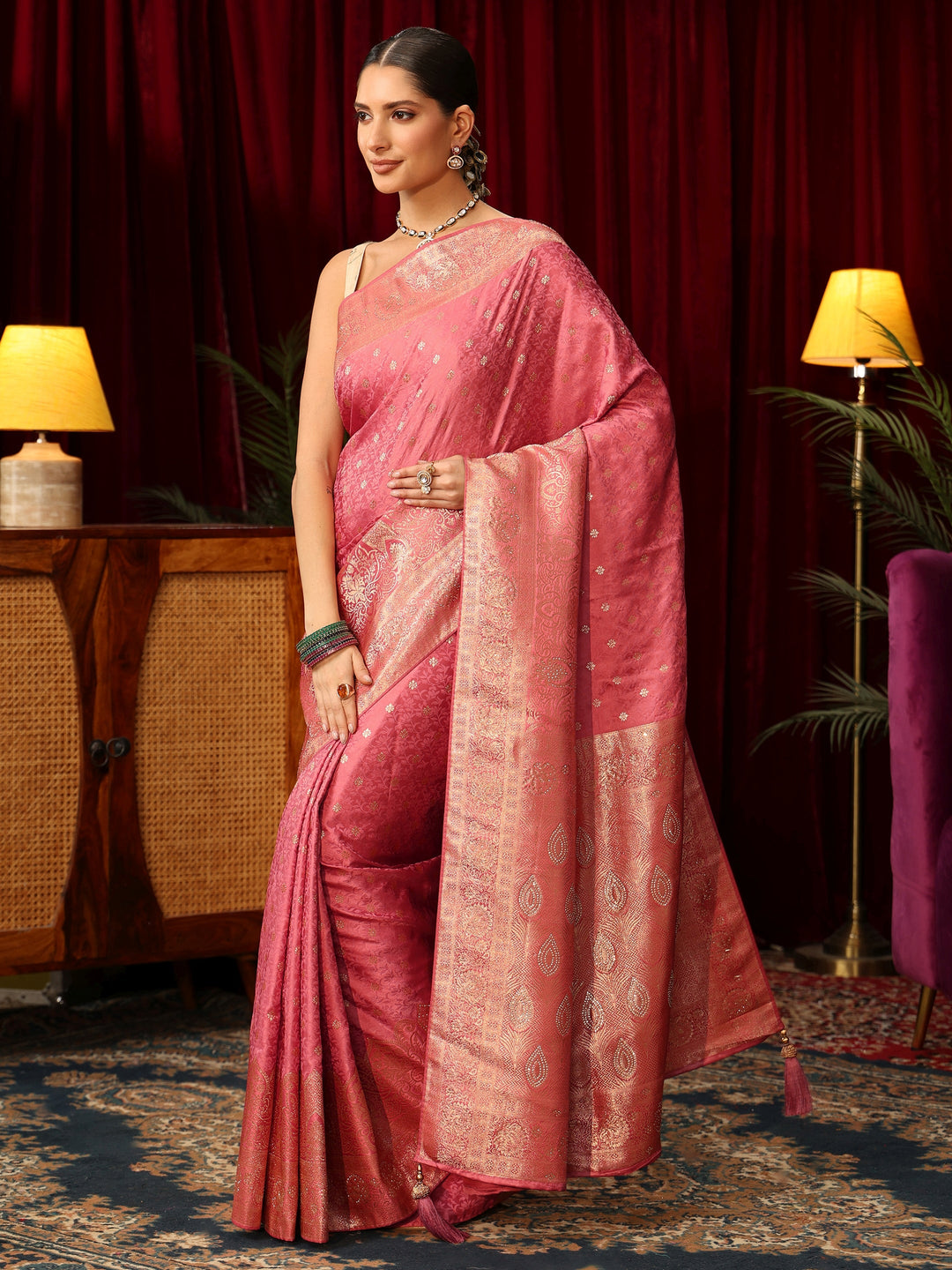  Libas Pink Floral Woven Design Satin Saree with Embellished Pallu 