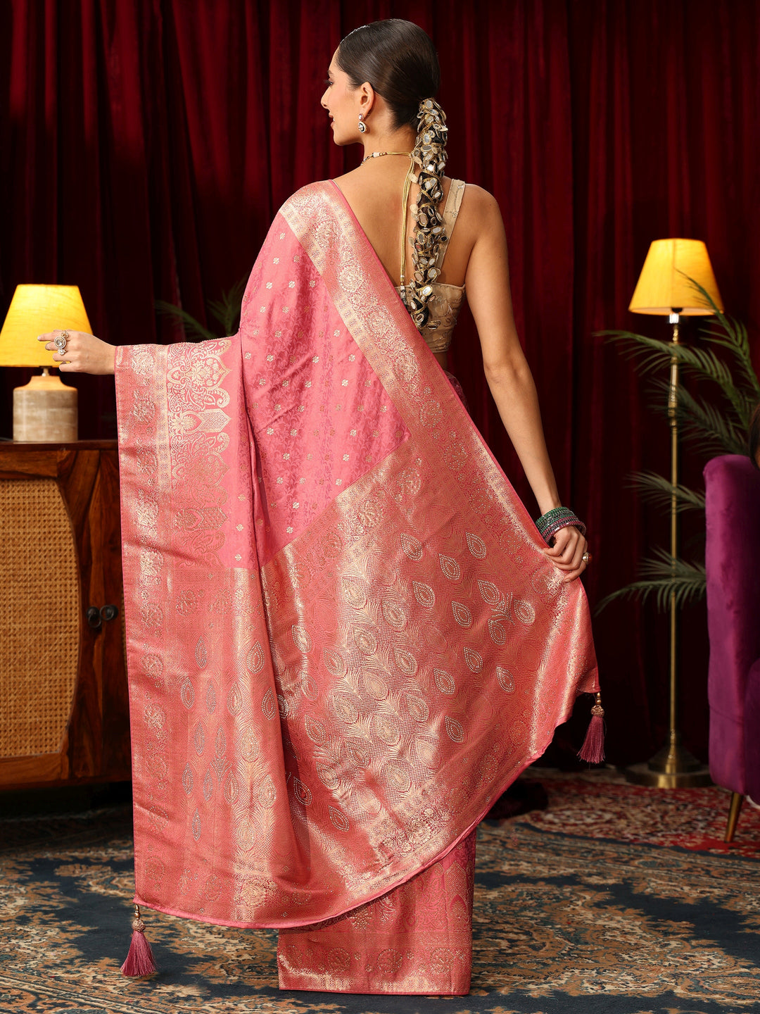  Libas Pink Floral Woven Design Satin Saree with Embellished Pallu 