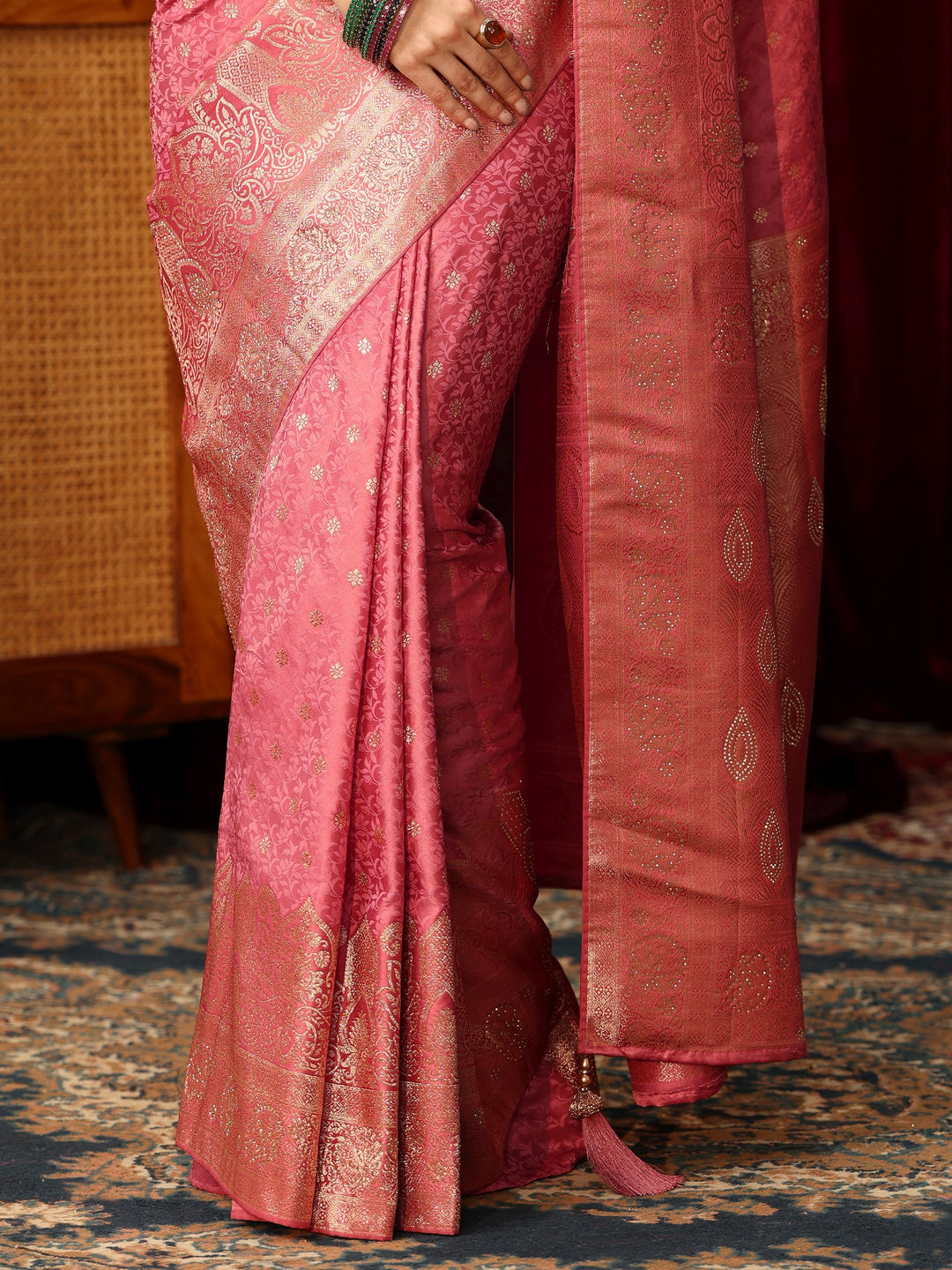  Libas Pink Floral Woven Design Satin Saree with Embellished Pallu 