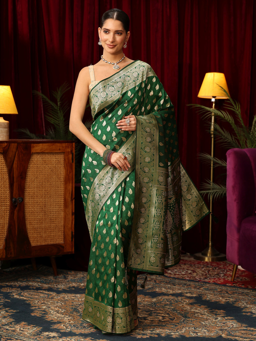 Libas Bottle Green Banarasi Silk Blend Saree with Stone Work 