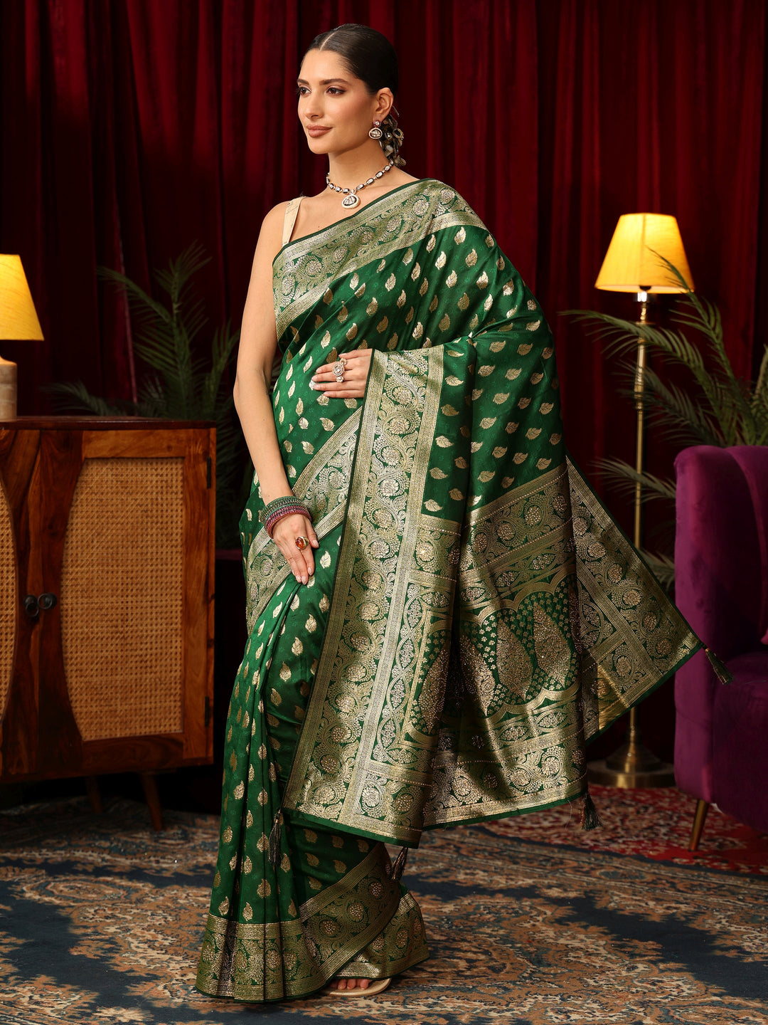  Libas Bottle Green Banarasi Silk Blend Saree with Stone Work 