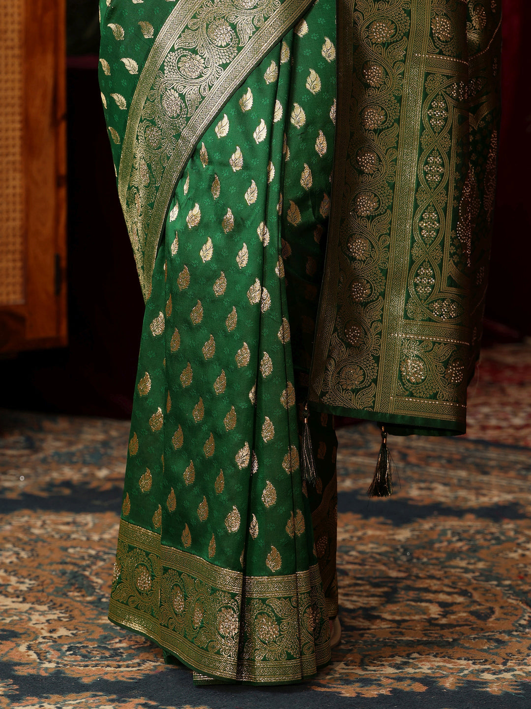  Libas Bottle Green Banarasi Silk Blend Saree with Stone Work 